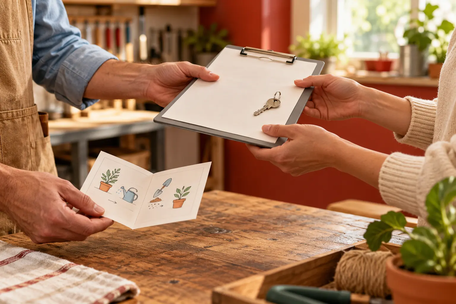 Des mains passent un porte-documents et une clé près de consignes illustrées