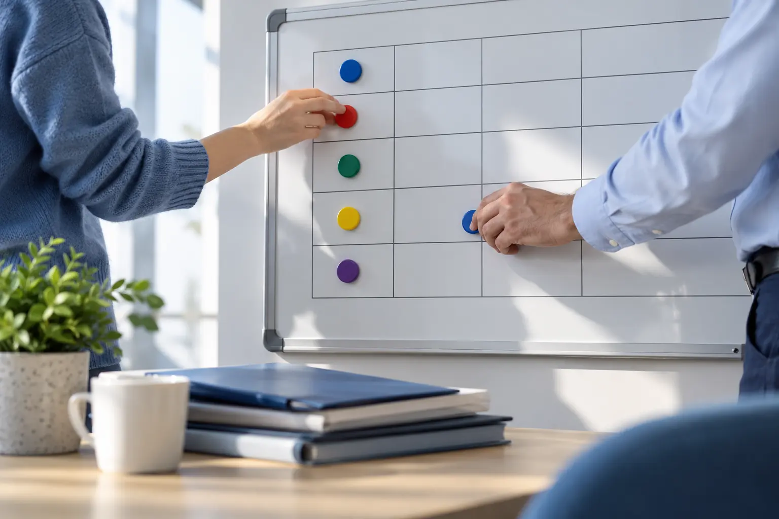 Des mains déplacent des aimants de couleur sur un tableau de rotation sans texte