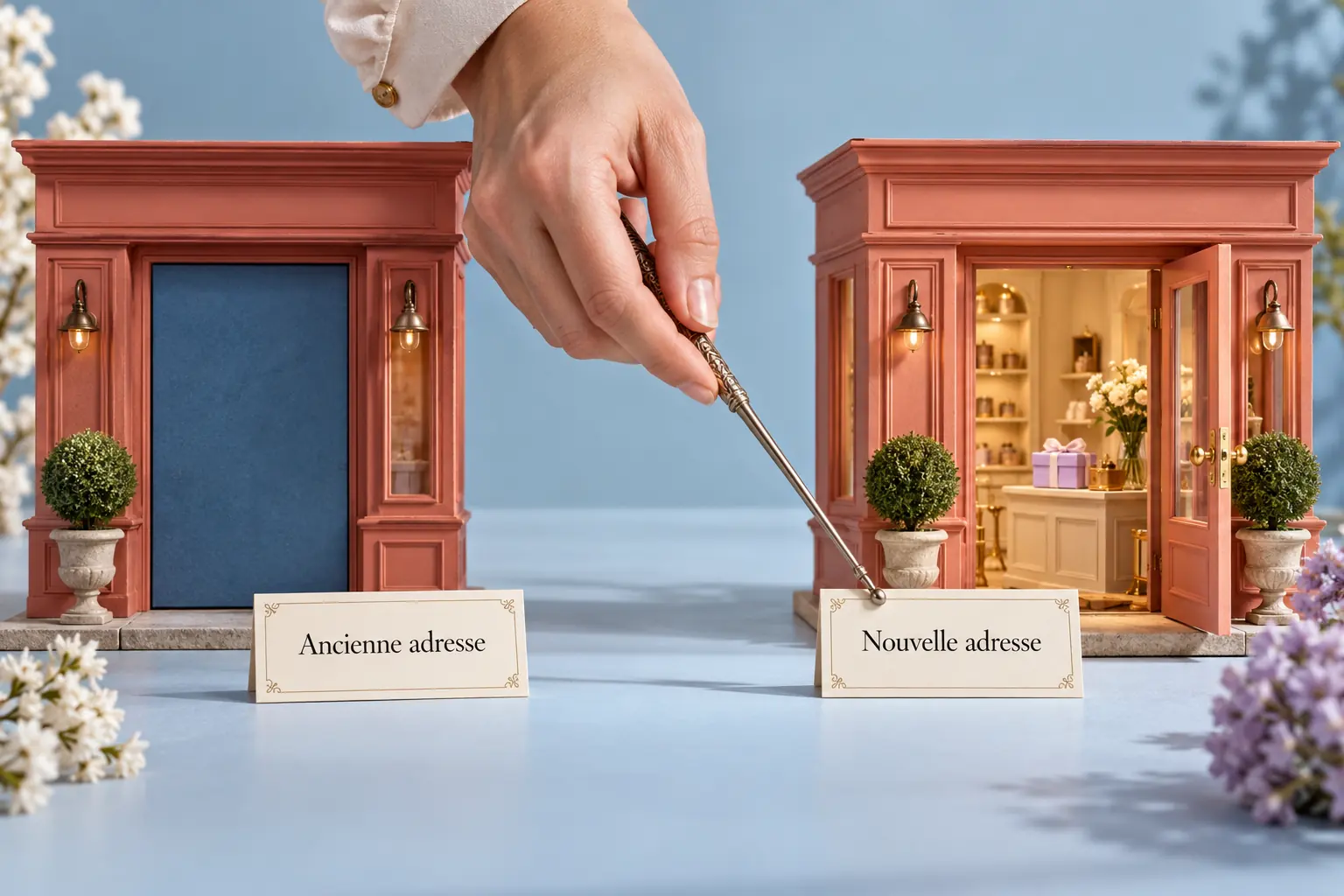 Deux boutiques miniatures, l’ancienne fermée et la nouvelle ouverte, accompagnent les cartes Ancienne adresse et Nouvelle adresse