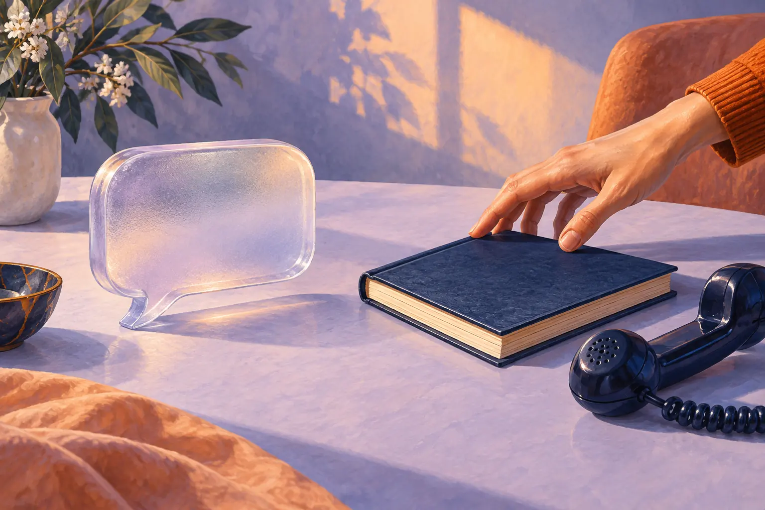Un carnet et un combiné téléphonique à côté d’une bulle translucide