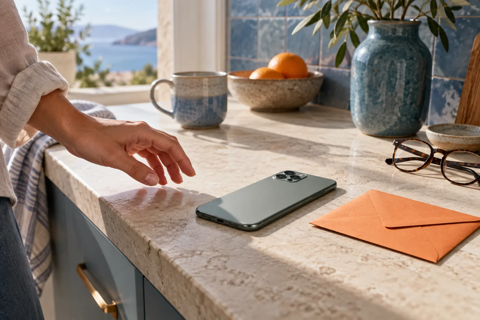 Une main s’écarte d’un téléphone posé face contre table près d’une enveloppe orange