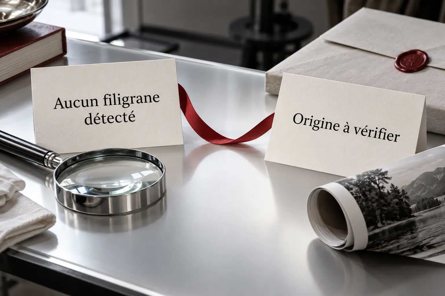 Deux cartes distinguent l’absence de filigrane détecté et une origine qui reste à vérifier
