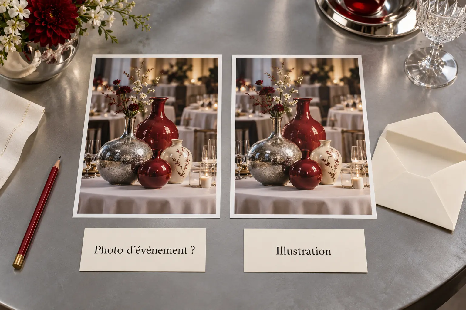 Deux tirages identiques de vases portent les légendes Photo d’événement et Illustration