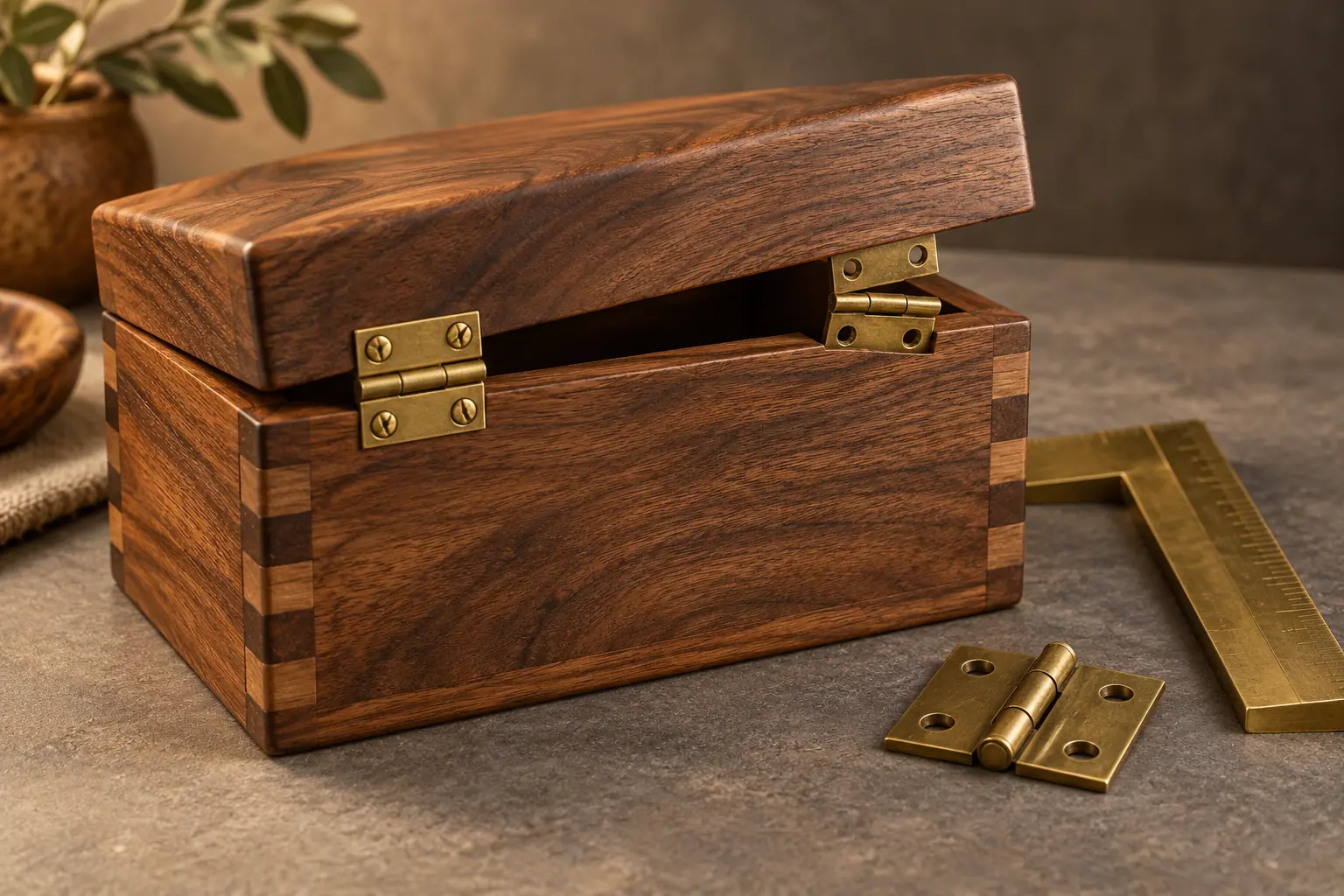 Une boîte en bois dont le couvercle reste entrouvert, avec une charnière et une équerre
