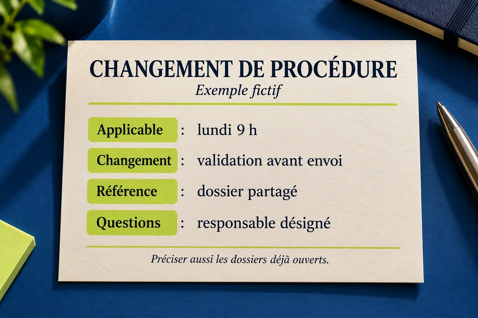 Fiche fictive de changement : date d’application, validation avant envoi, référence et responsable