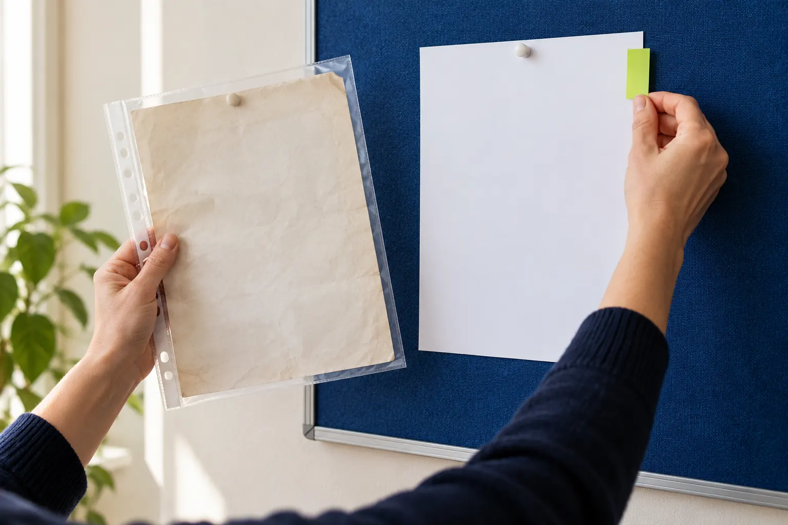 Une main remplace une feuille affichée tandis que l’ancienne est placée dans une pochette