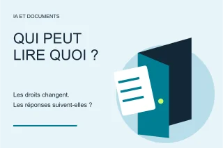 Une porte entrouverte laisse passer une feuille, avec la question Qui peut lire quoi ? sur fond bleu clair.
