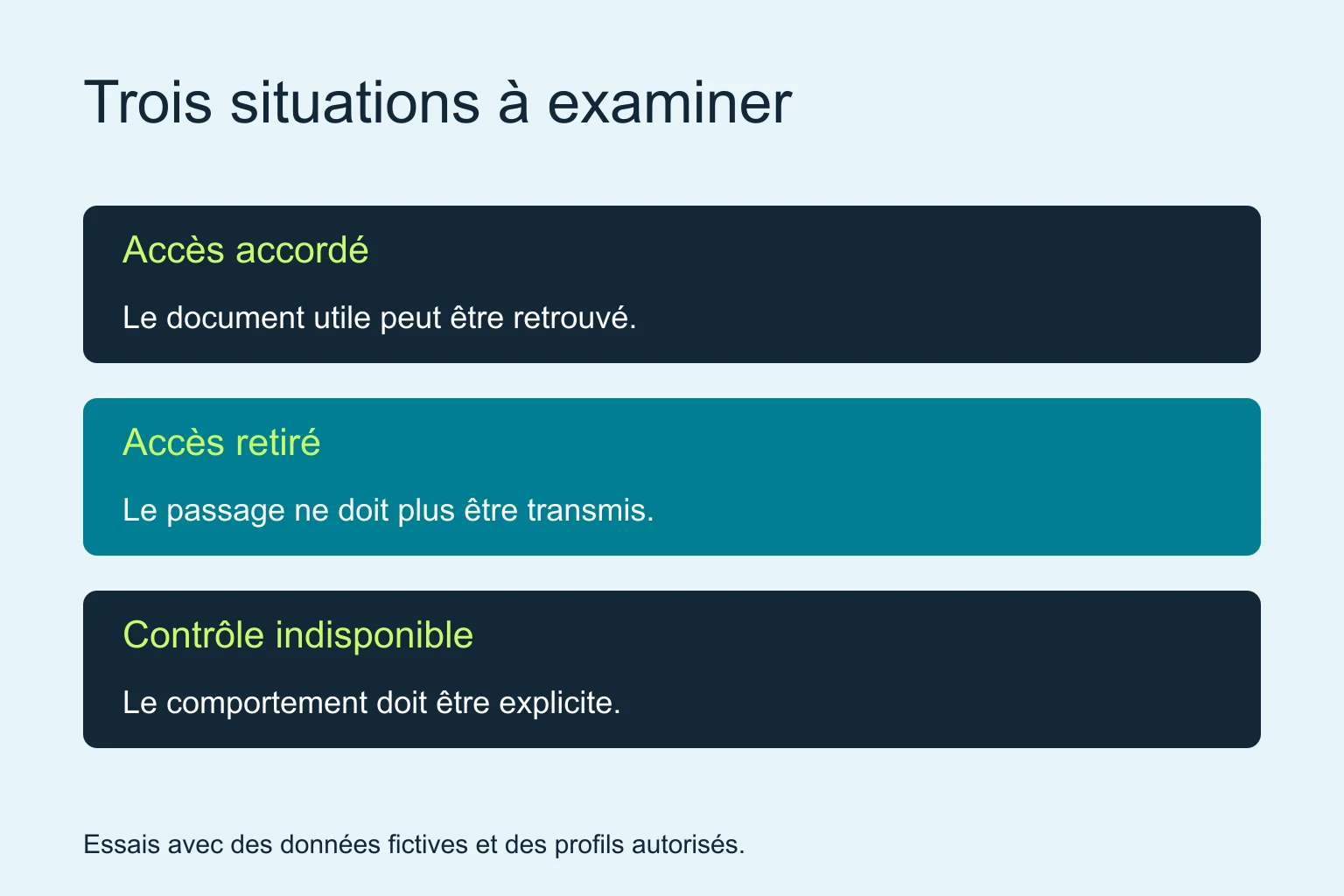 Grille d’essai : accès accordé, accès retiré et vérification indisponible, chacun avec un résultat à examiner.