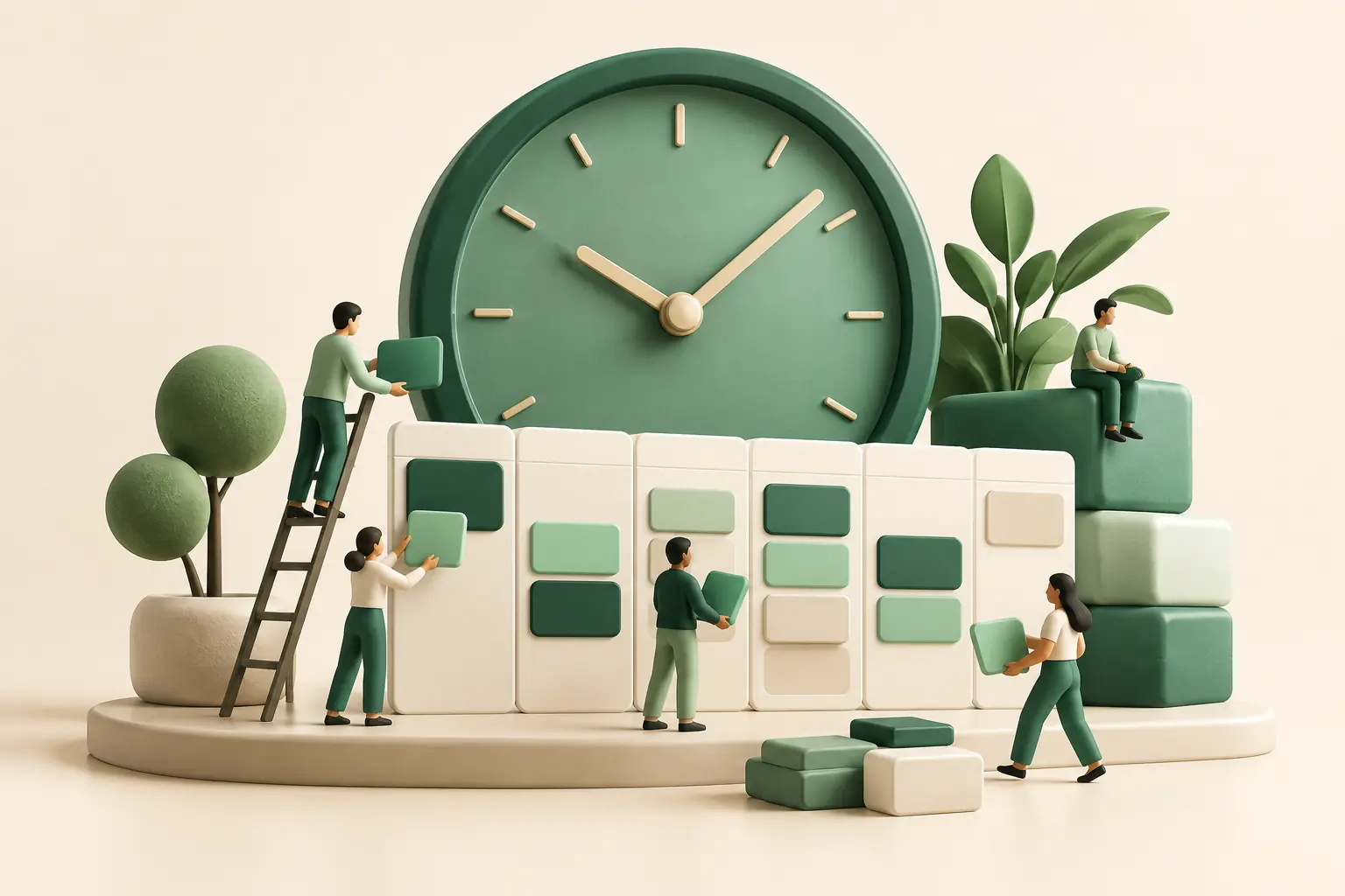 Illustration du planning d’équipe autour d’une horloge verte
