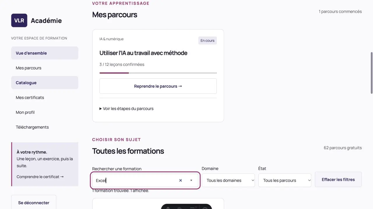Recherche Excel dans le catalogue du dashboard VLR de démonstration