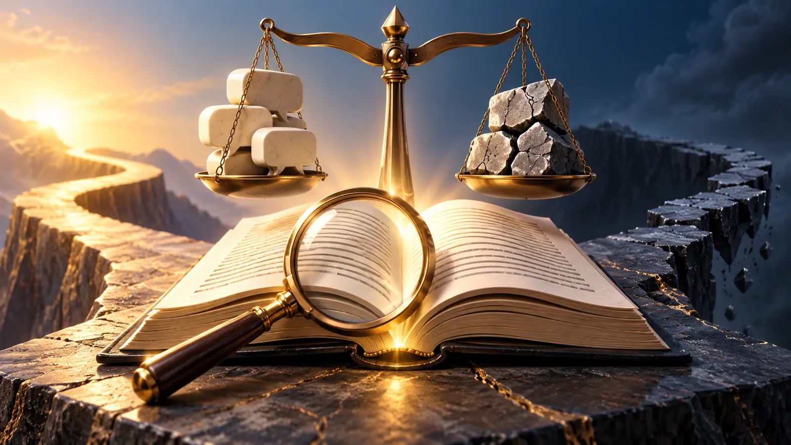 Illustration conceptuelle : Livre, loupe et balance symbolisant l’examen des arguments.