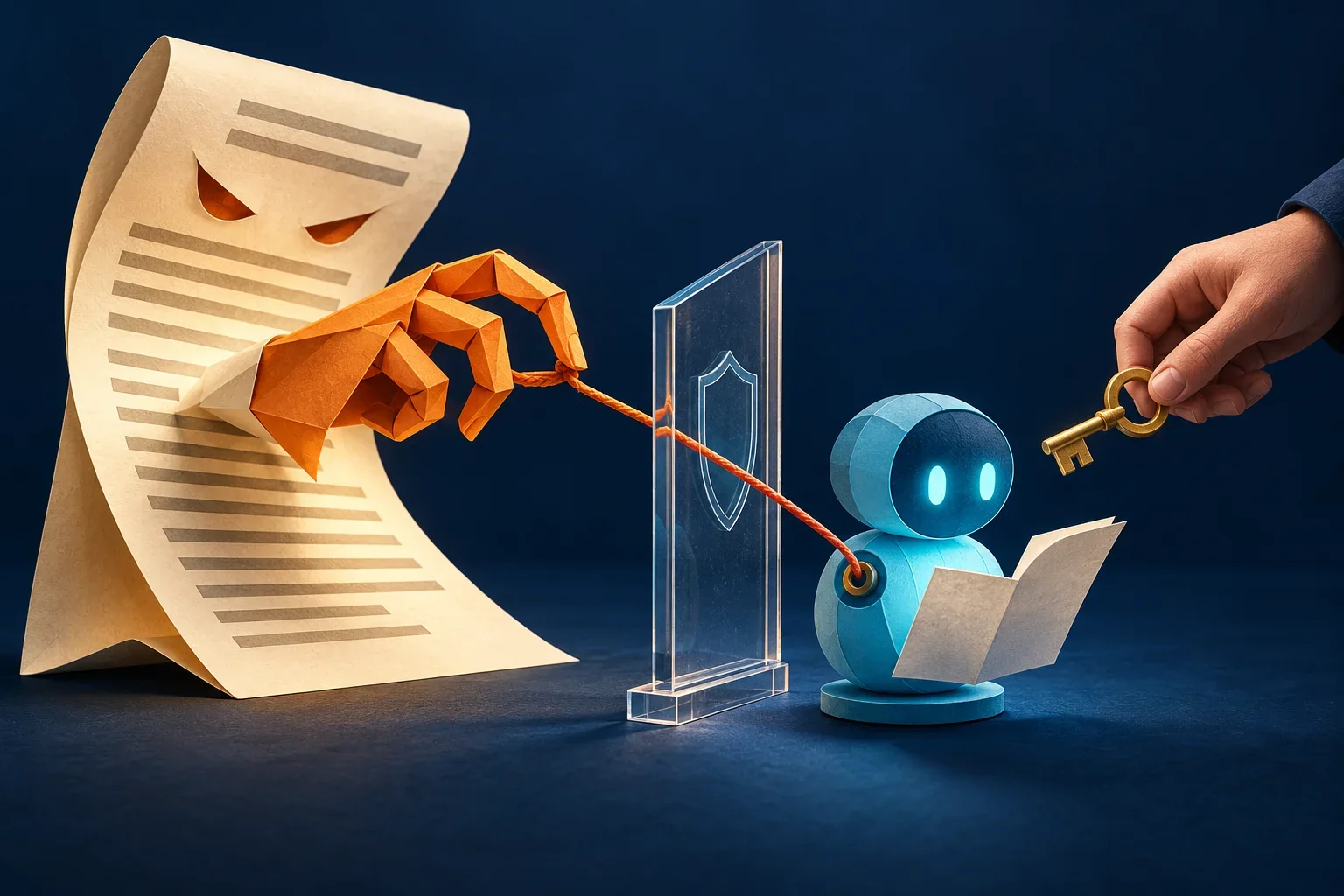 Illustration conceptuelle : un document en papier tire une corde vers un assistant bleu, près d’une séparation transparente et d’une main tenant une clé.