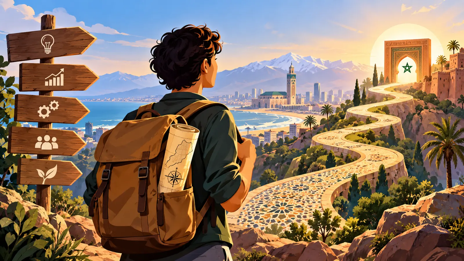 Illustration conceptuelle : Personne devant plusieurs directions dans un paysage marocain illustré.