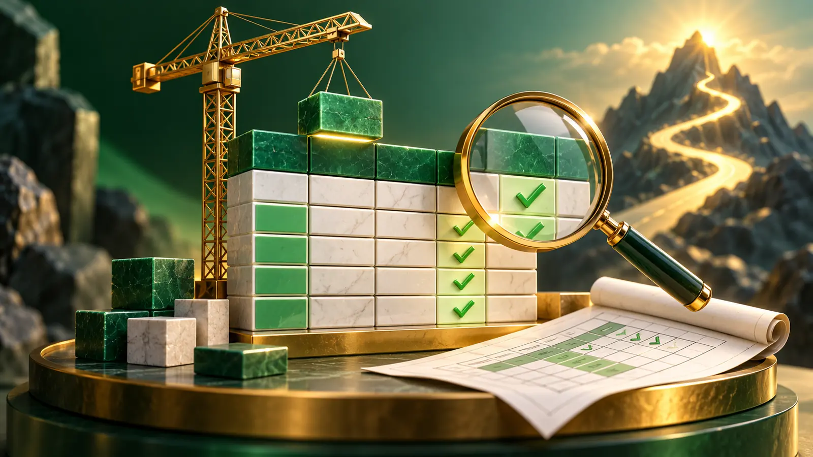 Illustration conceptuelle : Grue assemblant un tableau vert dont une loupe vérifie les cases.
