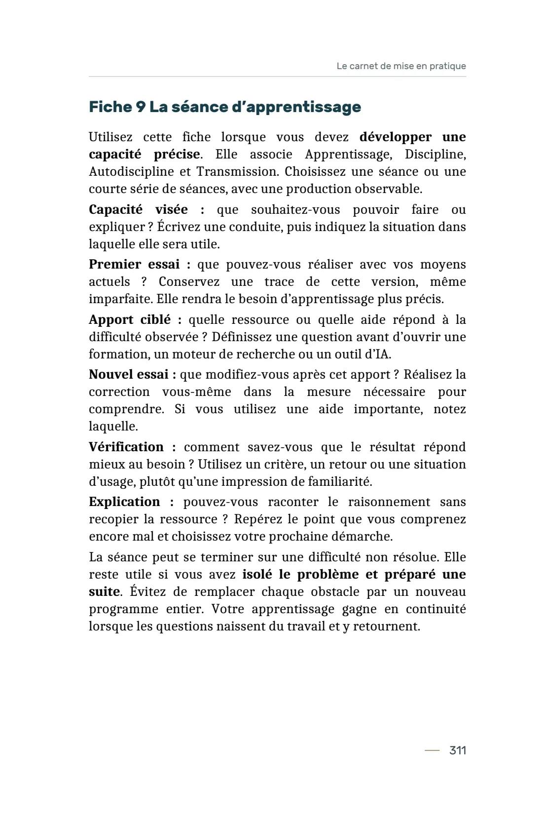 Page 311 du livre 7 règles pour viser la réussite, support de la leçon Utiliser les 14 fiches du carnet de mise en pratique.
