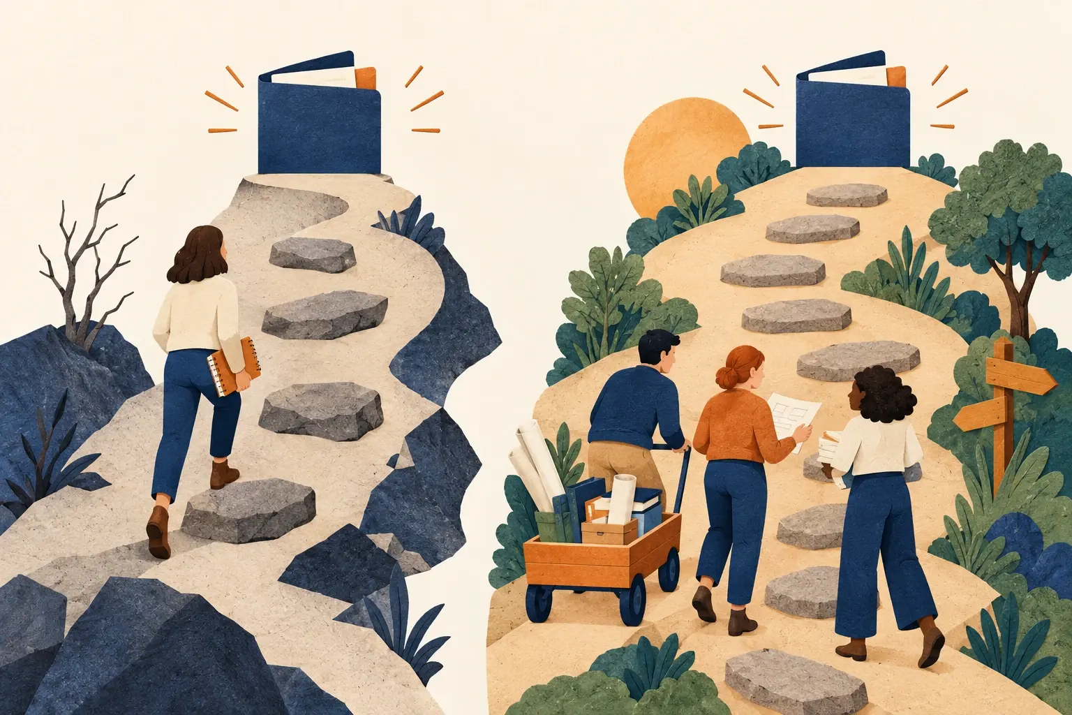 Deux parcours illustrés aboutissent à des réalisations visibles, avec des ressources et des étapes différentes.