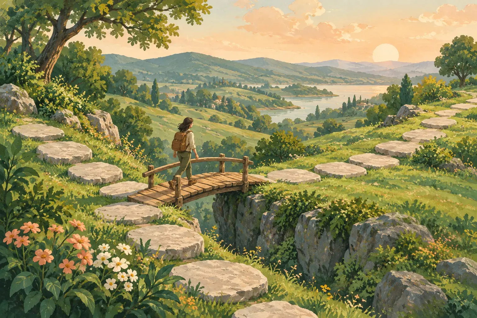 Illustration d’un chemin de pierres interrompu puis prolongé par une petite passerelle