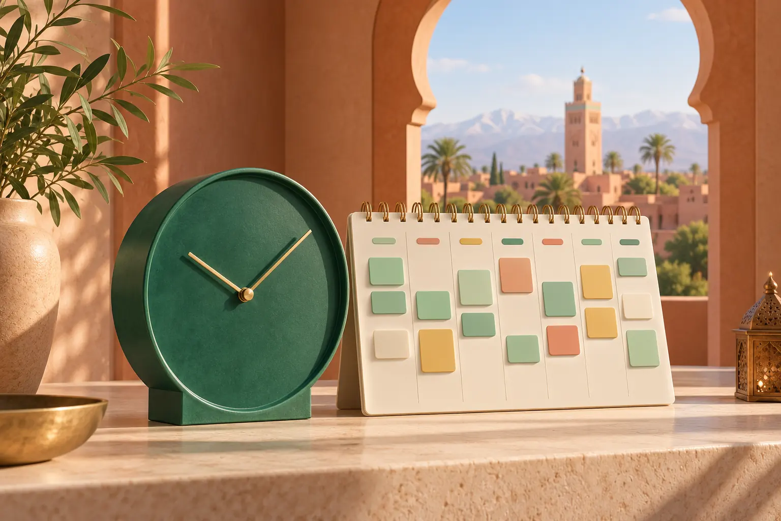 Illustration d’une horloge et d’un planning dans un décor marocain