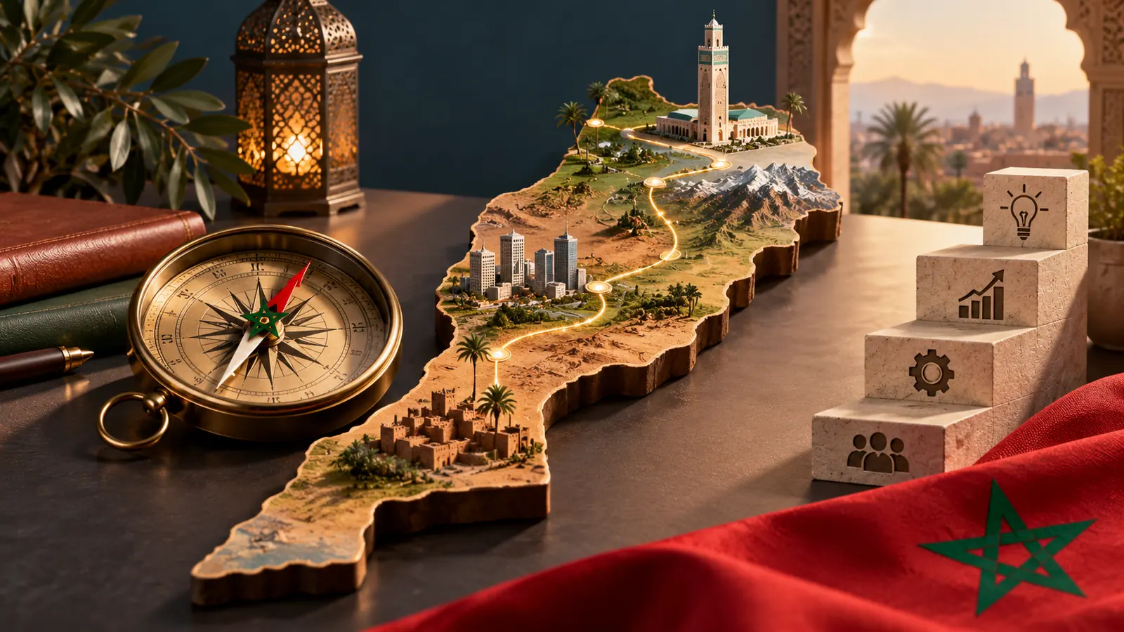 Illustration conceptuelle : Maquette du Maroc, ouvrages et repères d’activité professionnelle.