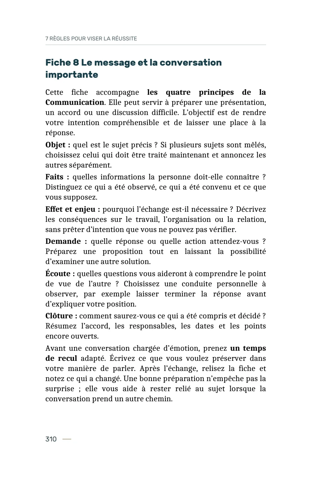 Page 310 du livre 7 règles pour viser la réussite, support de la leçon Utiliser les 14 fiches du carnet de mise en pratique.