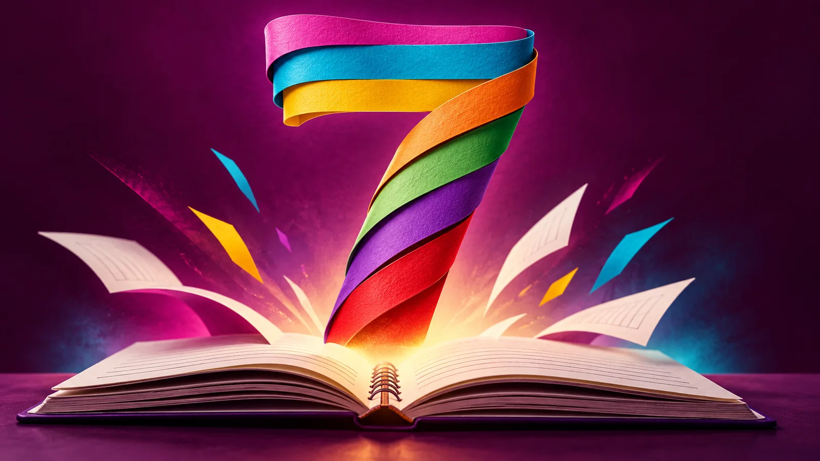 Illustration conceptuelle : Sept rubans colorés composant un chiffre 7 au-dessus d’un carnet d’exercices.