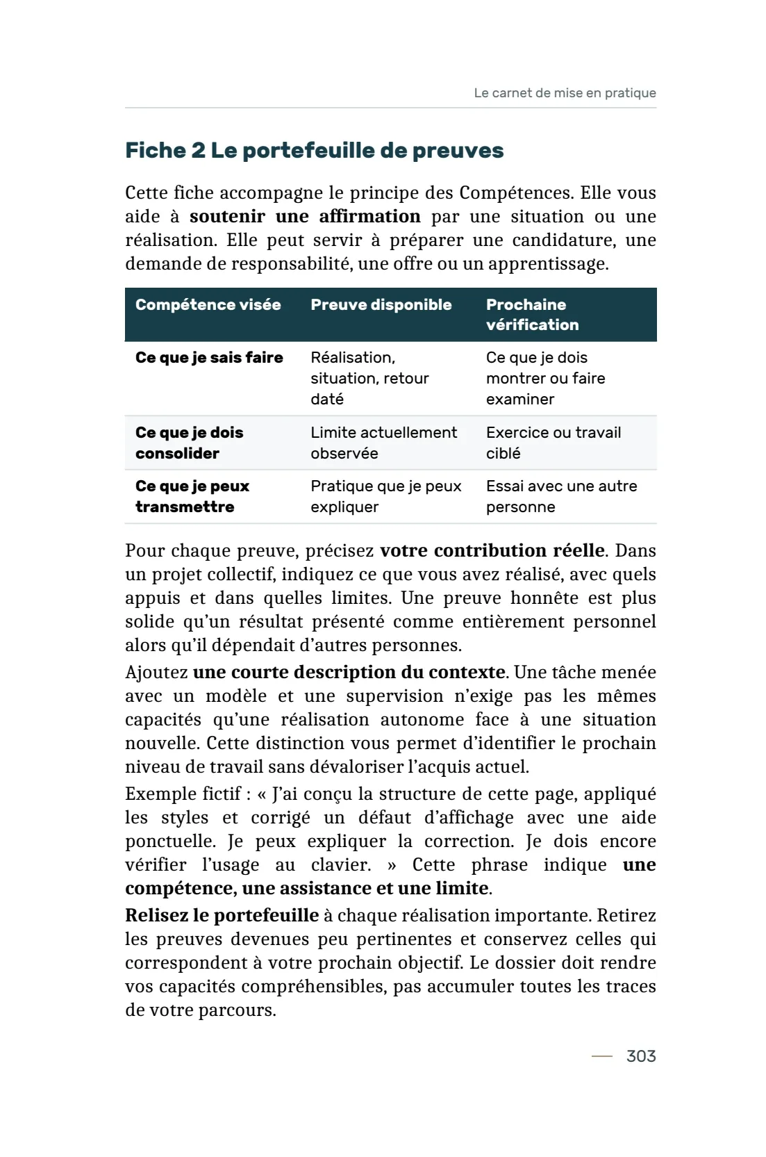 Page 303 du livre 7 règles pour viser la réussite, support de la leçon Utiliser les 14 fiches du carnet de mise en pratique.