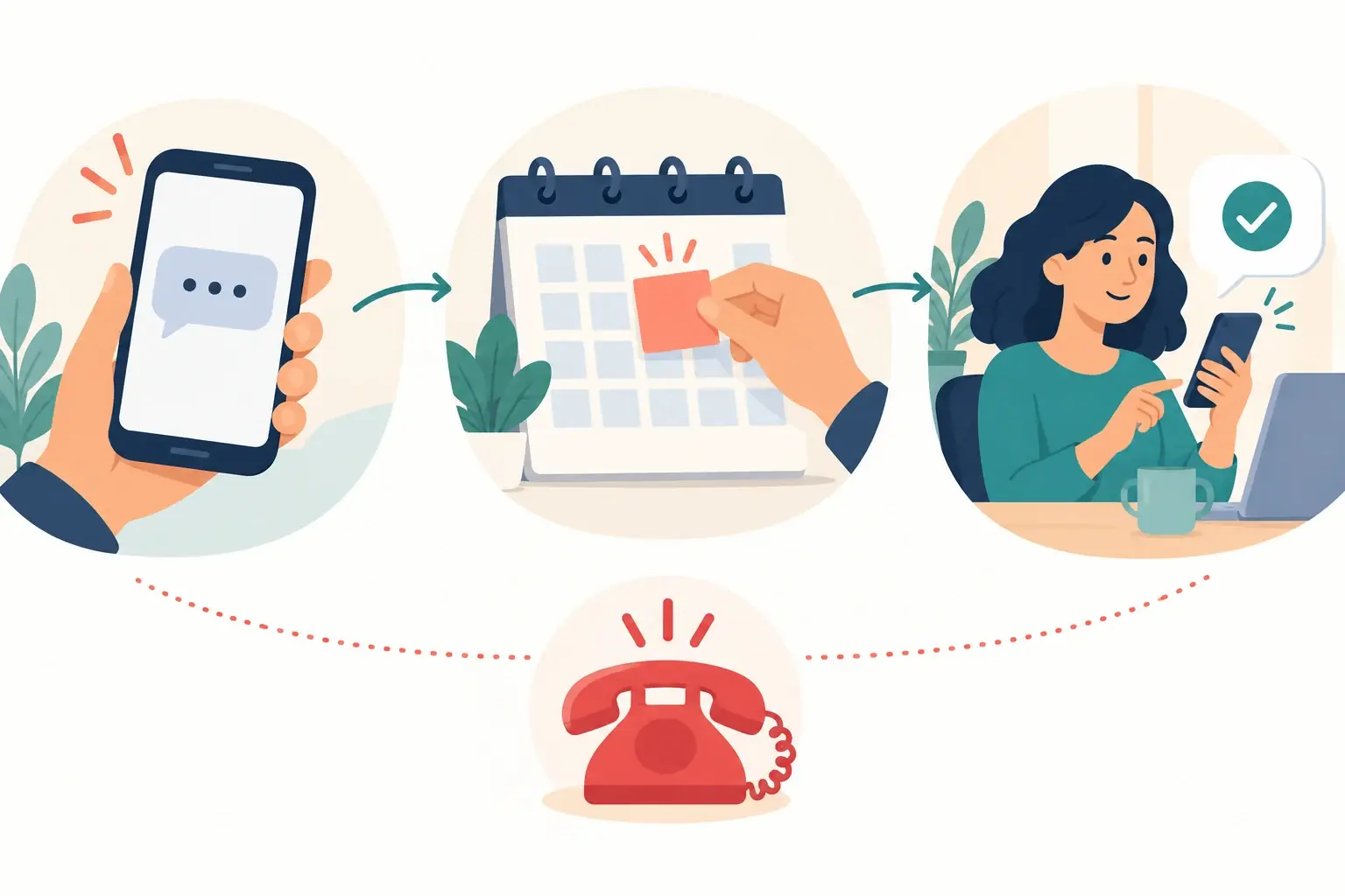 Un message reçu est transformé en rappel dans un calendrier puis reçoit une réponse ; un téléphone distinct représente les urgences.