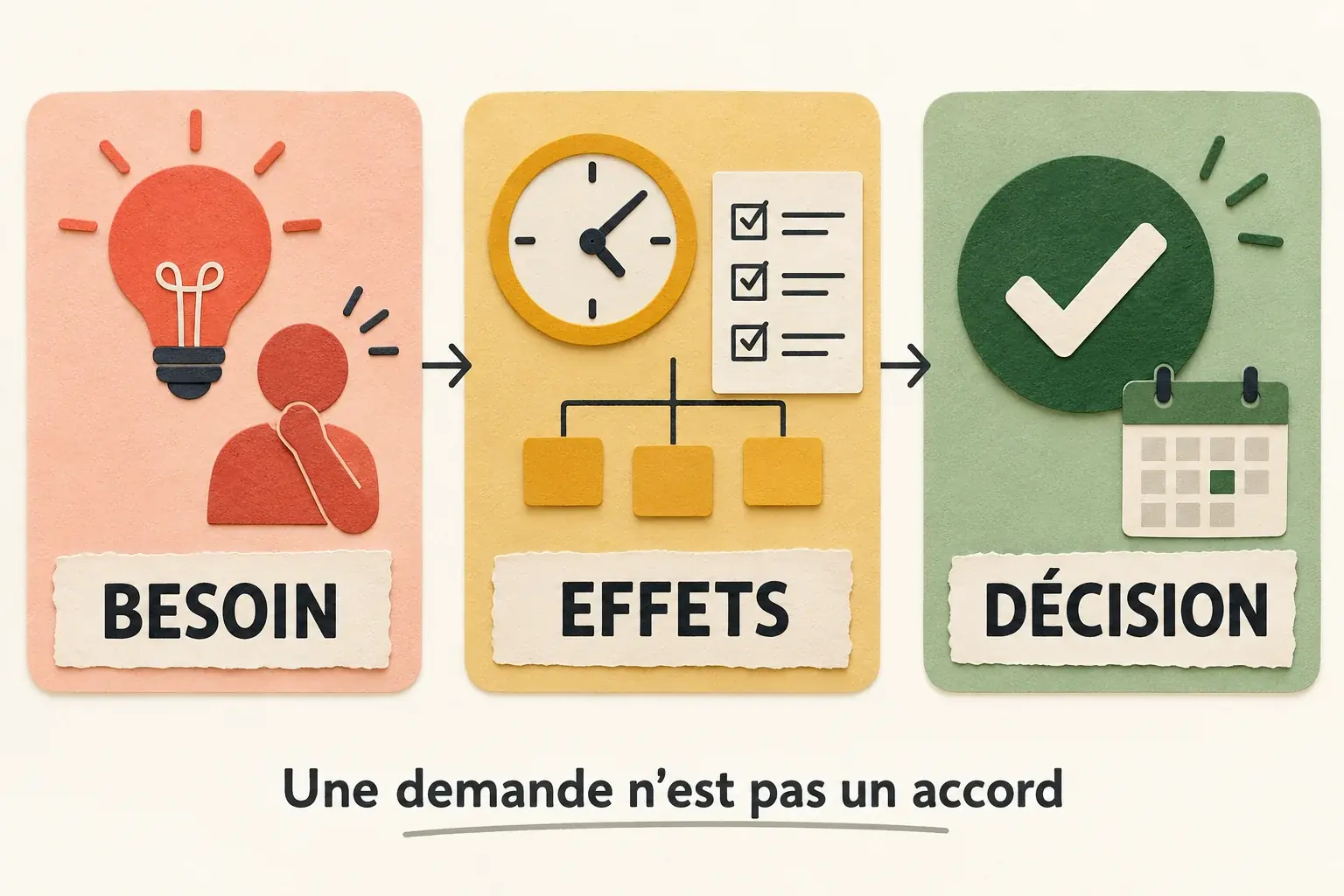 Fiche illustrée distinguant le besoin, les conséquences et la décision d’une demande supplémentaire