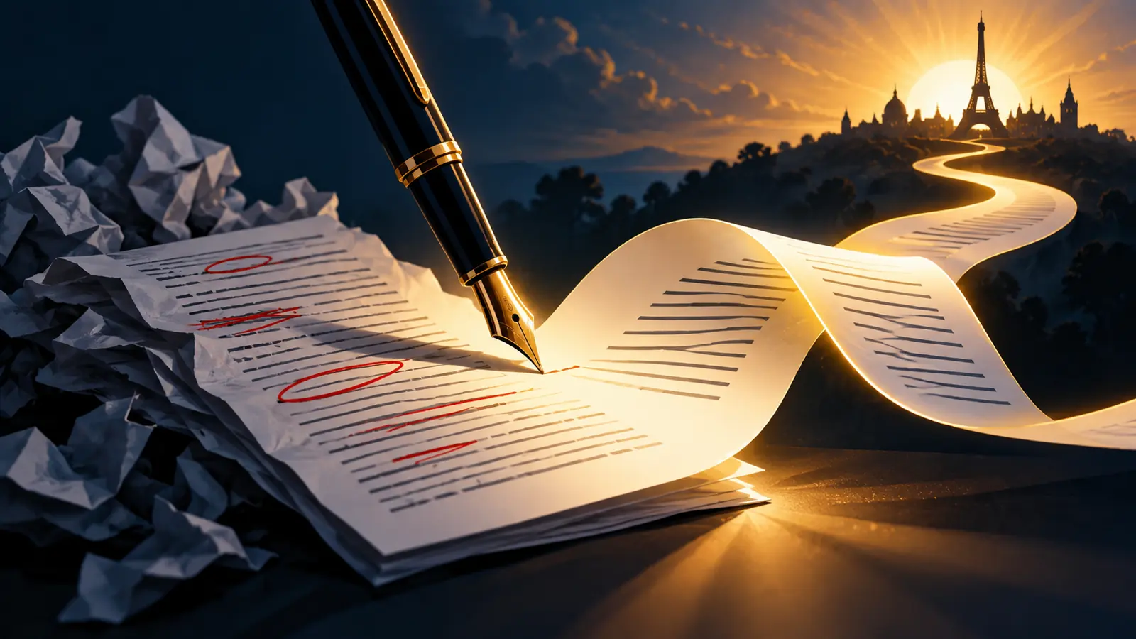 Illustration conceptuelle : Stylo et document relu au-dessus d’un livre ouvert.