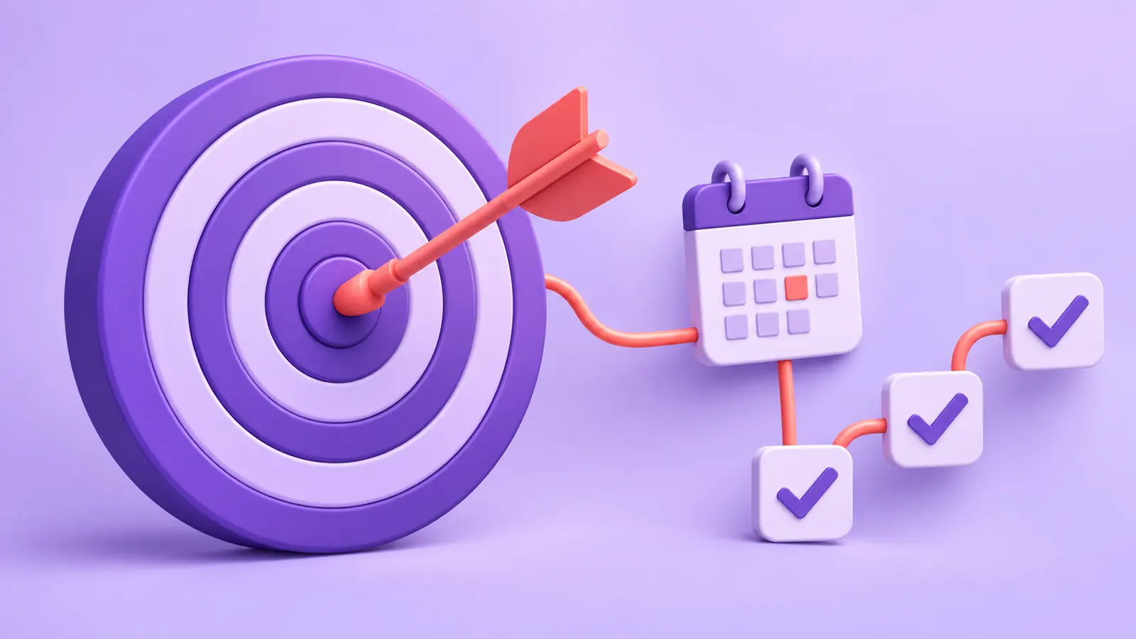 Illustration conceptuelle : Cible violette, flèche corail et repères de planification.