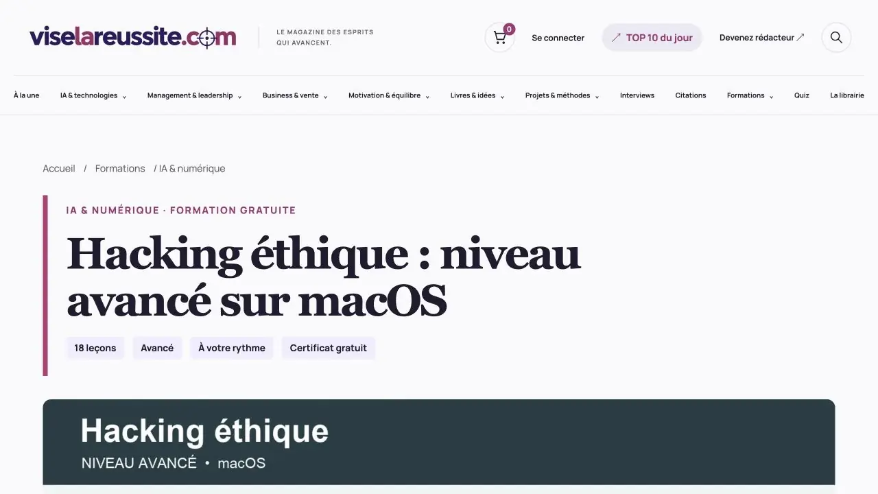 Capture authentique de la plateforme Vise la Réussite présentant le parcours avancé de hacking éthique sur macOS