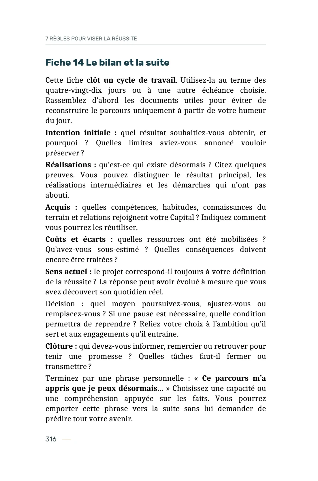 Page 316 du livre 7 règles pour viser la réussite, support de la leçon Utiliser les 14 fiches du carnet de mise en pratique.