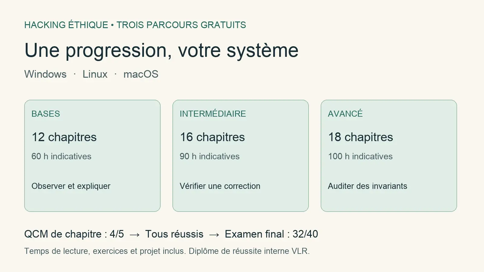 Progression des trois niveaux : 12, 16 puis 18 chapitres, avec QCM de chapitre et examen final