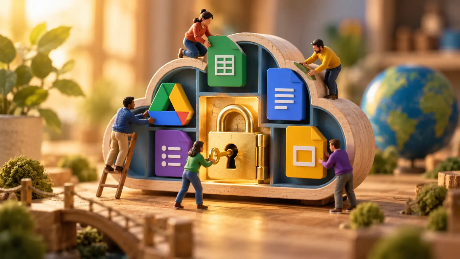 Illustration conceptuelle : Personnages autour d’un nuage de documents collaboratifs fermé par un cadenas.