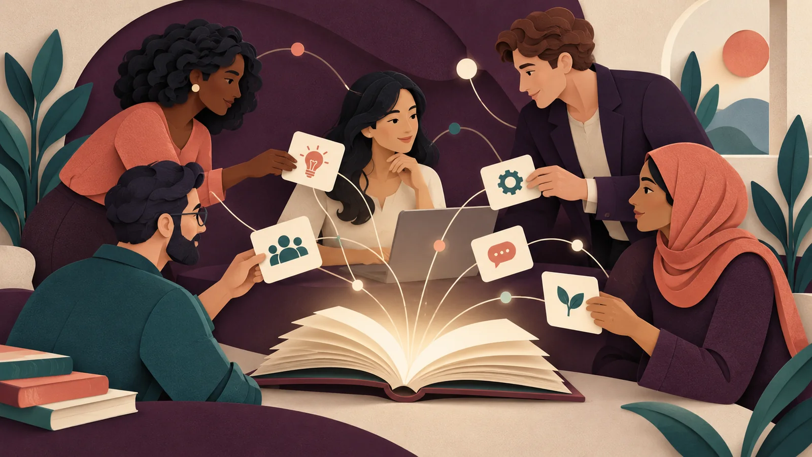 Illustration symbolique du partage des connaissances entre collègues fictifs