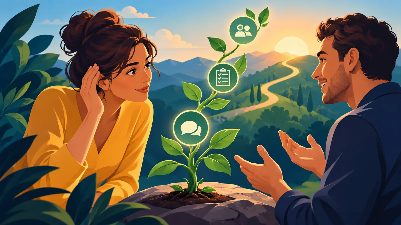 Illustration conceptuelle : Deux personnes en conversation autour d’une plante aux symboles de suivi client.
