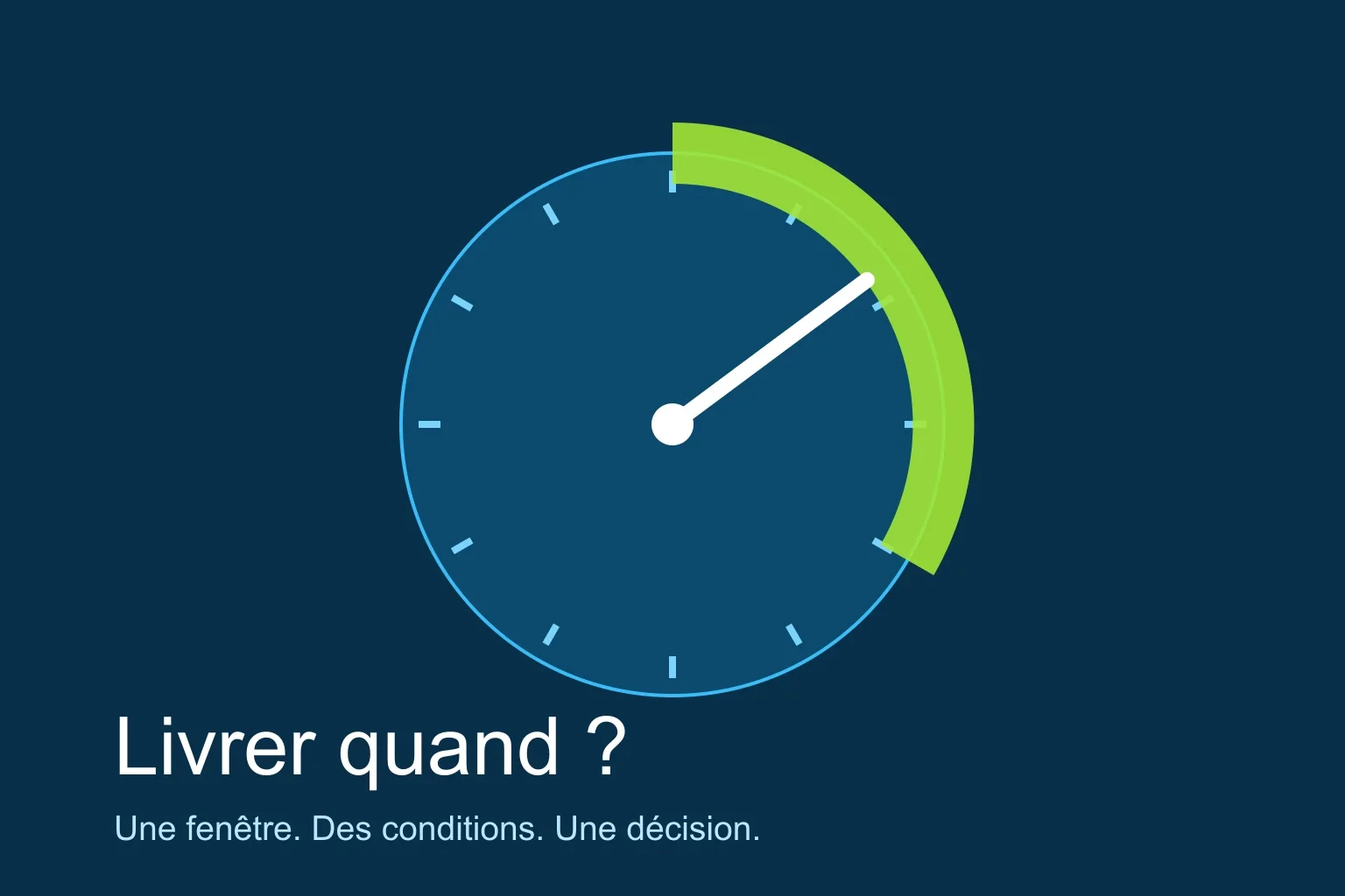 Une aiguille vise une fenêtre de livraison sur un cadran bleu, plutôt qu’une date isolée.