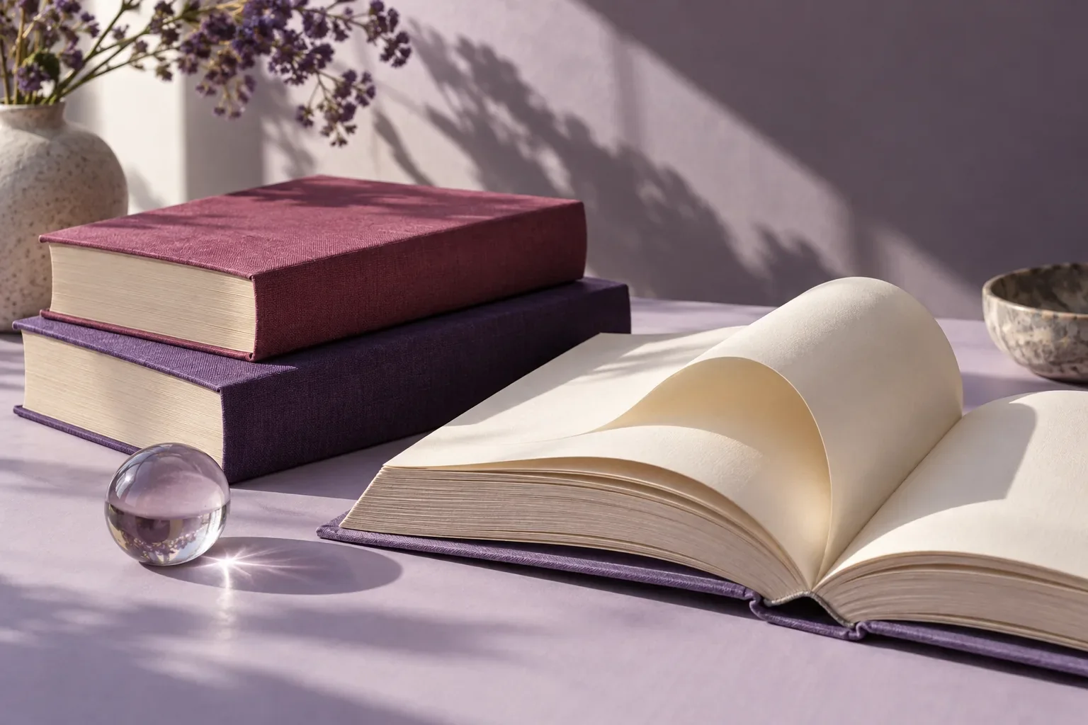 Composition éditoriale de livres aux couvertures violettes