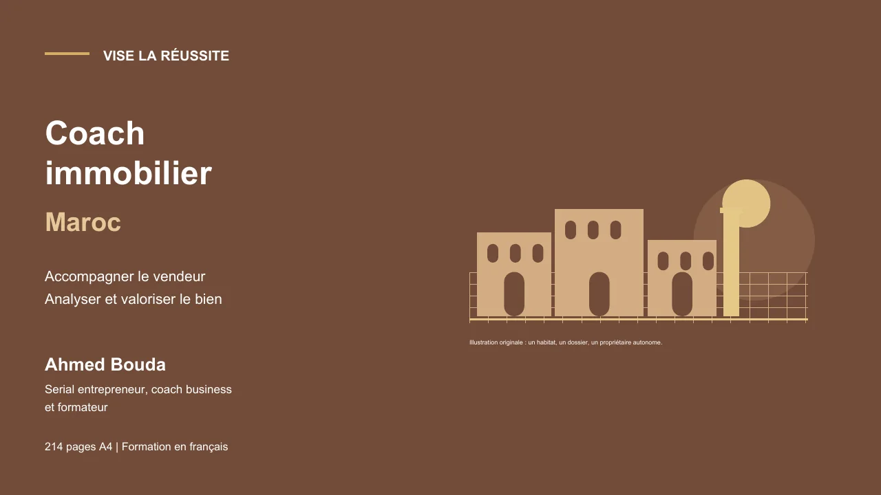 Formation de coach immobilier Maroc par Ahmed Bouda, illustration architecturale originale.