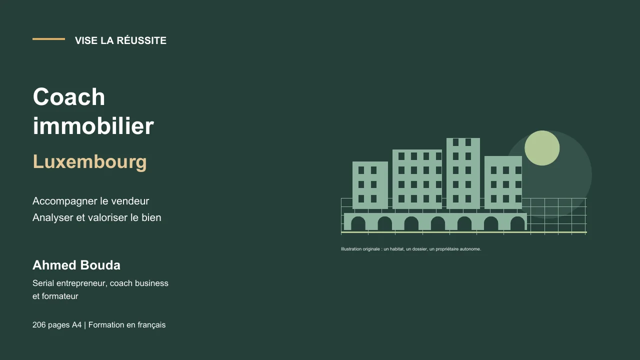 Formation de coach immobilier Luxembourg par Ahmed Bouda, illustration architecturale originale.