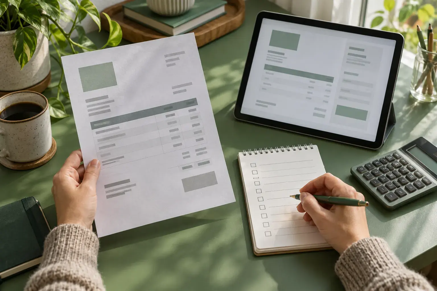 Illustration de mains comparant une facture et une liste de contrôle près d’une tablette