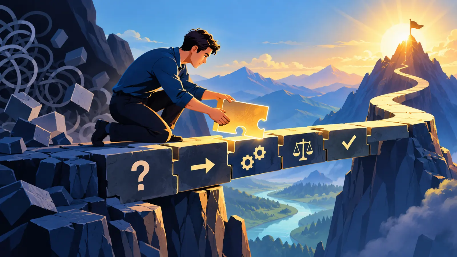 Illustration conceptuelle : Personnage assemblant un pont composé de symboles de raisonnement.