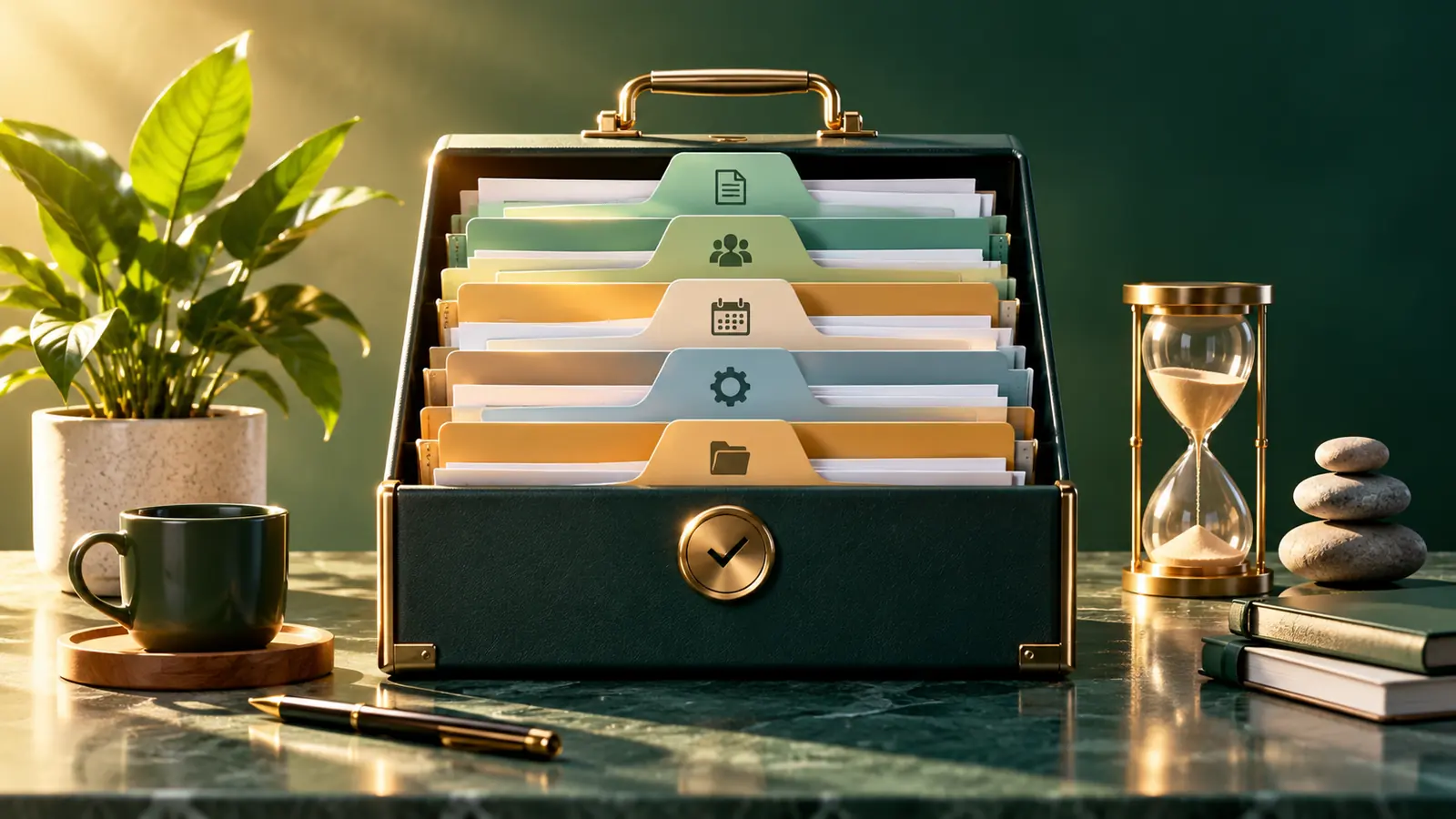 Illustration conceptuelle : Classeur à dossiers, documents et sablier évoquant un suivi administratif.