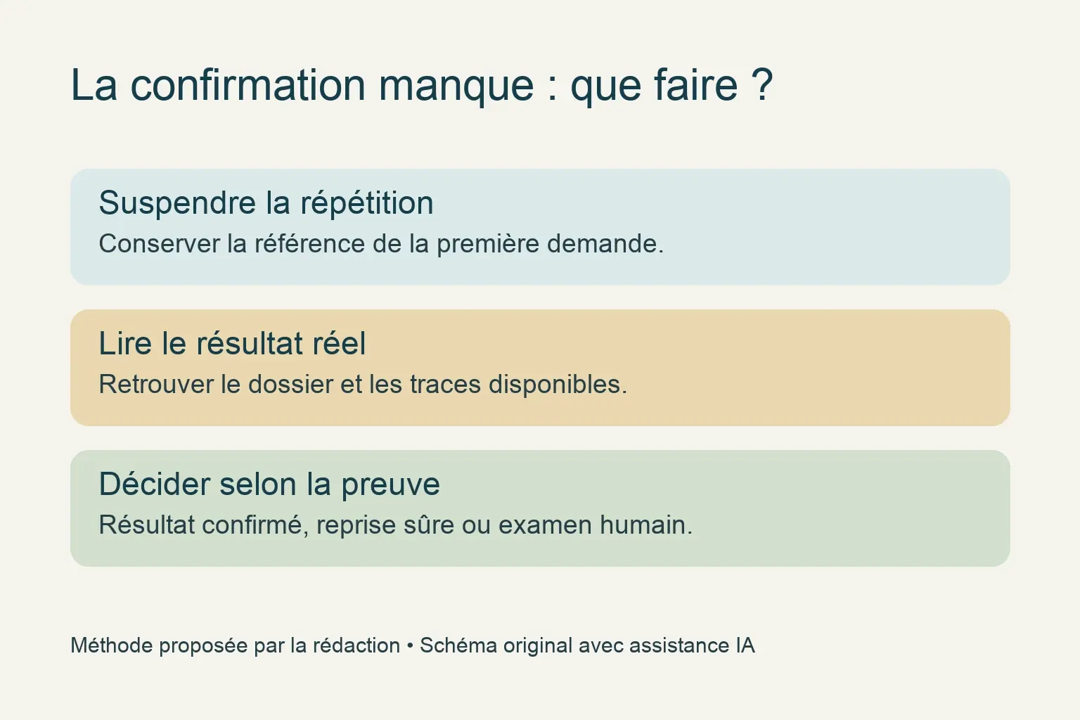 En cas de confirmation manquante, lire le dossier avant de décider de reprendre l’action ou de demander une vérification humaine.