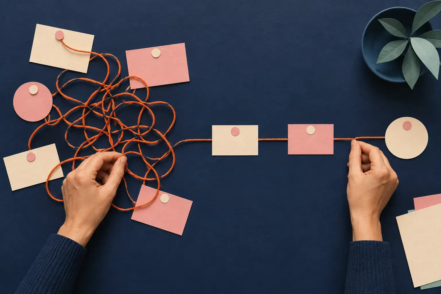 Illustration de mains démêlant un fil entre plusieurs cartes de travail