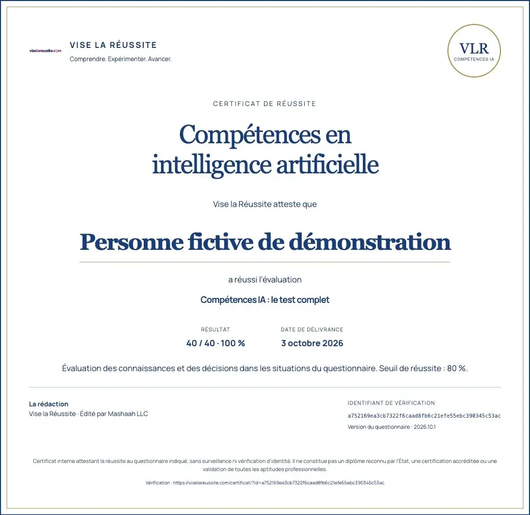 Modèle réel du certificat Vise la Réussite avec un nom fictif de démonstration, un score, une date et un identifiant