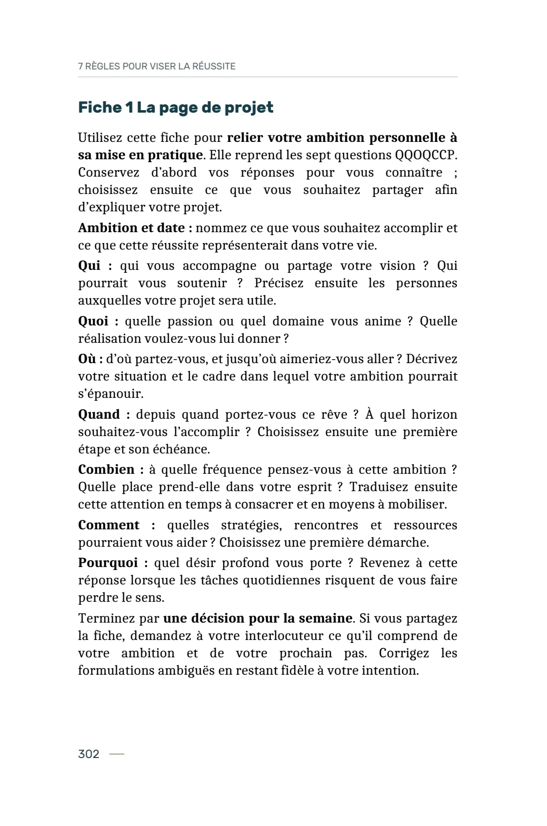 Page 302 du livre 7 règles pour viser la réussite, support de la leçon Utiliser les 14 fiches du carnet de mise en pratique.