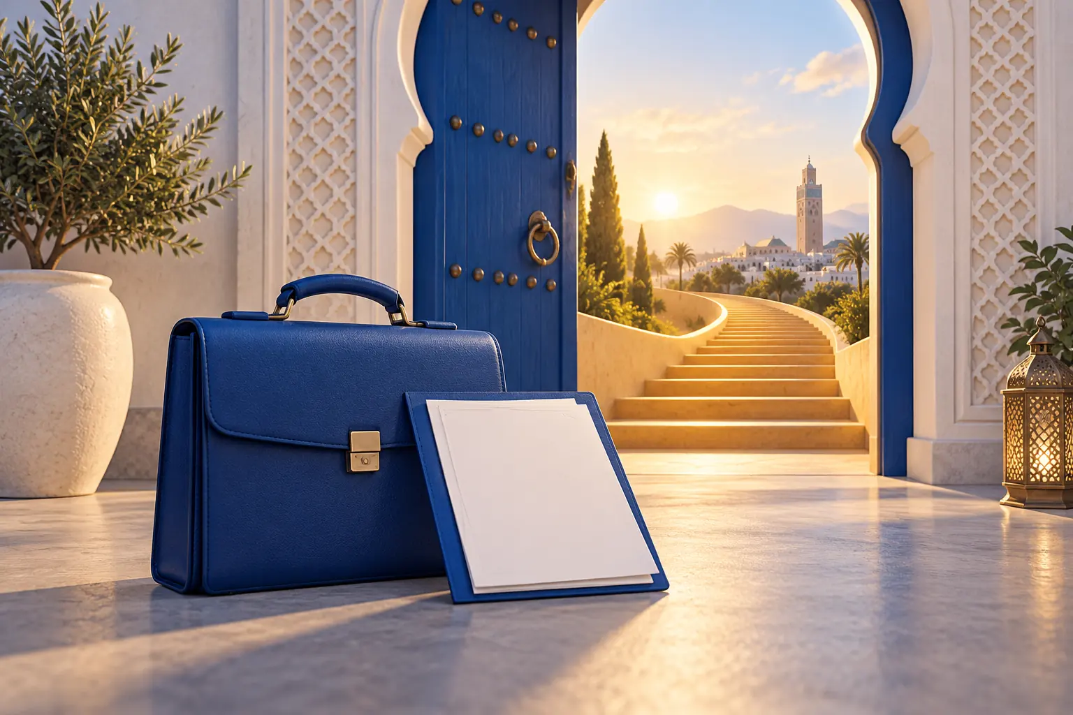Illustration d’un dossier de candidature et d’une porte ouverte au Maroc