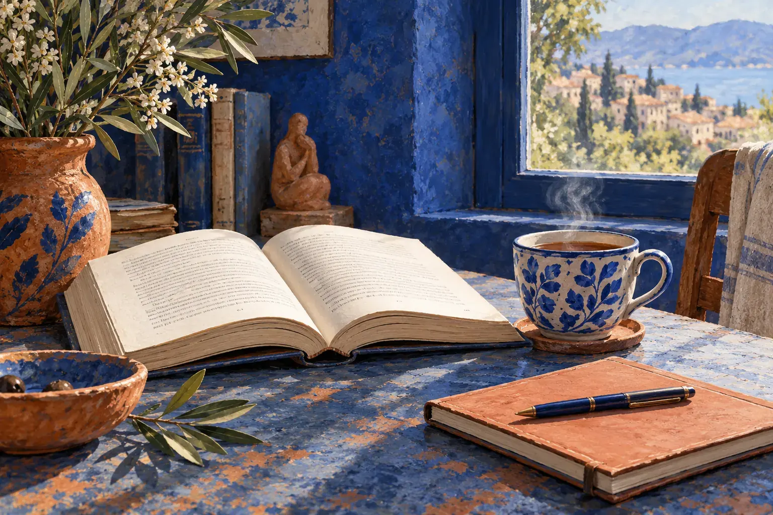 Illustration d’un livre ouvert et d’un carnet près d’une tasse pour un rituel de lecture