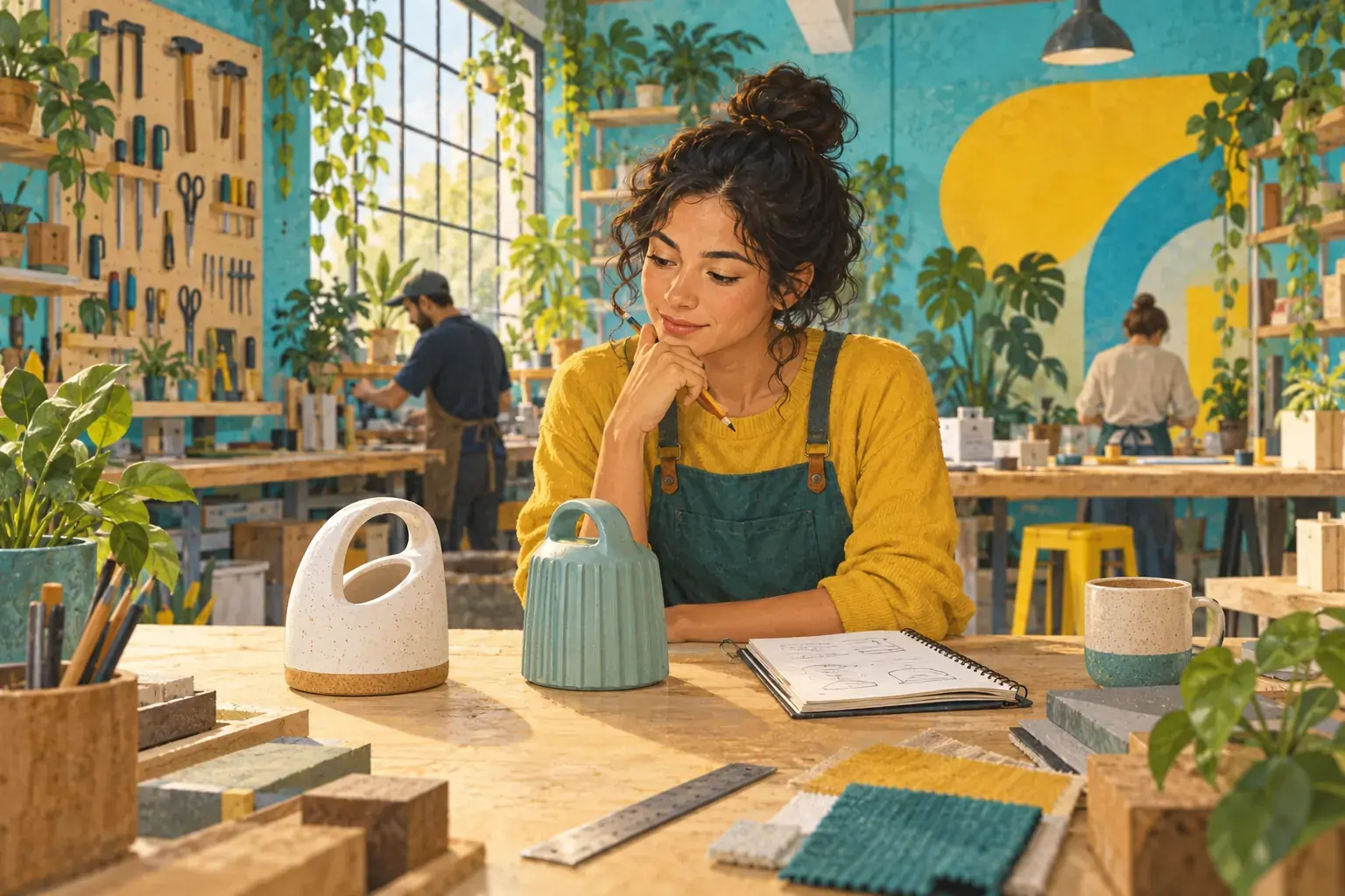 Illustration d’une entrepreneuse comparant deux prototypes et un carnet dans un atelier